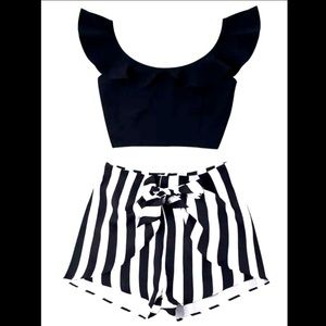 Ruffle Top Striped Shorts Two Piece Set